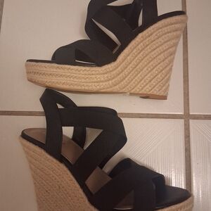 Charlies Black and Tan Wedge Sandals